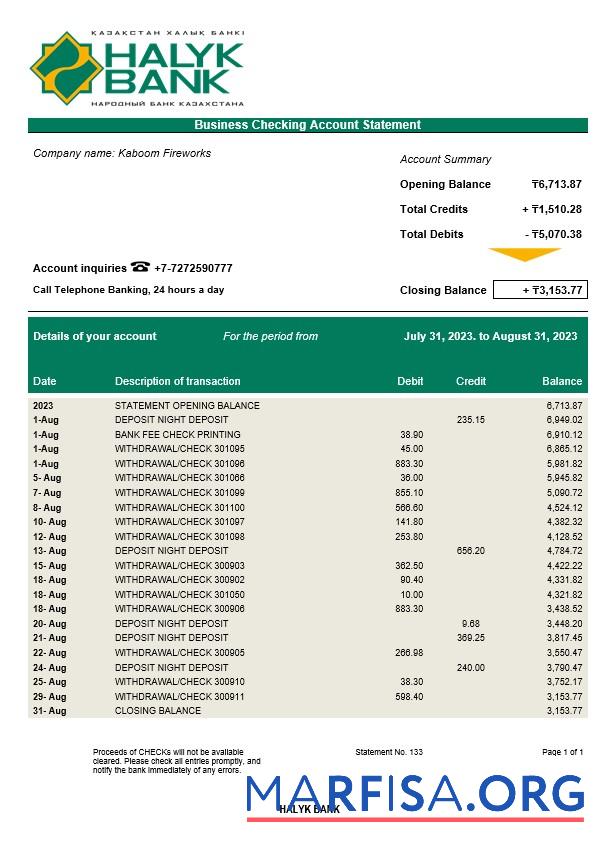 Downloadable Halyk Bank organization account statement Word and PDF template